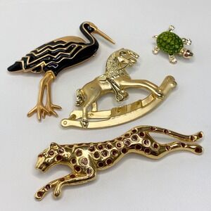Vintage Animal Brooch Lot Leopard Stork Rocking Horse Turtle Gold Tone